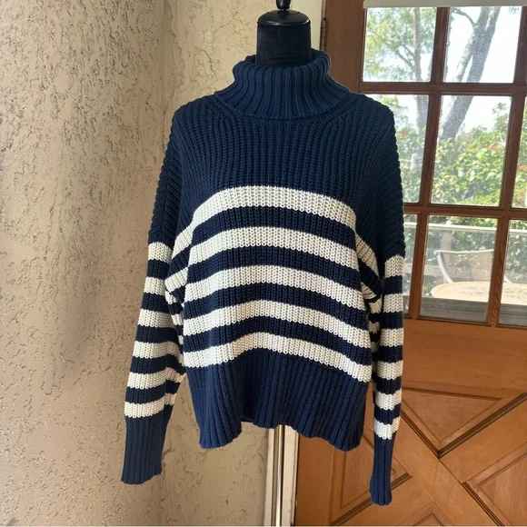 Madewell Striped Knit Navy and White Size XL Turtleneck Chunky Sweater - Picture 2 of 12